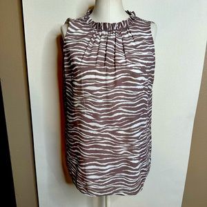 LOFT neutral, colored, sleeveless, bowtie neck, zebra blouse